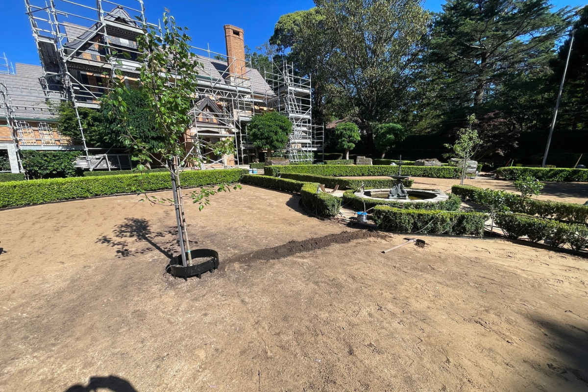 Landscaping and irrigation works in the garden